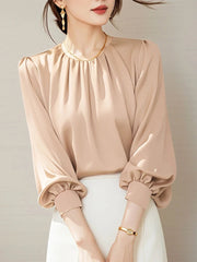 Vintage Satin Pleating Blouse Casual Office Blouse Khaki / S blouse-250126