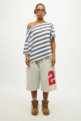 Striped Off Shoulder Oversized Short Sleeve T-Shirt