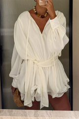 Balloon Sleeve Tie Waist Ruffle Mini Dress