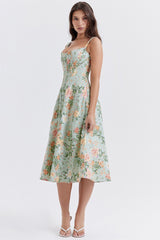Spaghetti Strap Floral Ruched Midi Dress