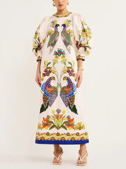 Exquisite And Fun Printed Puff Trendy Sleeves Loose Casual Midi Dress Dresses
