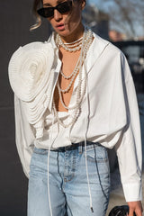 White Floral Drop Shoulder Oversized Dressy Casual Blouse