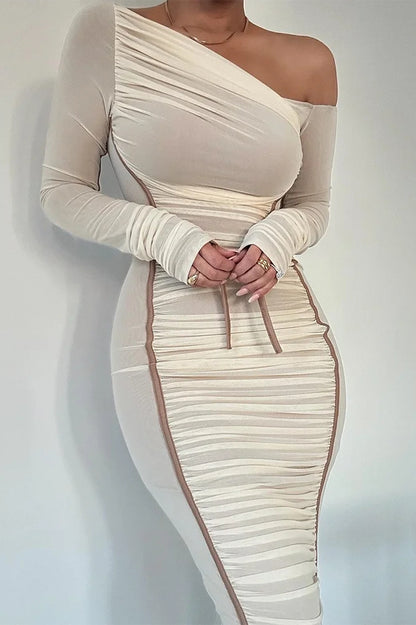 Diagonal Collar Mesh Midi Dress