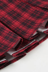 Off-the-shoulder Color Block Plaid Cuffed Pom-pom Mini Dress