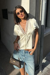 Lace Patchwork Tie Front Slim Fit Short Sleeve Tee