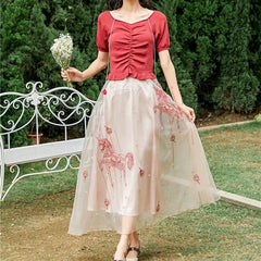 Organza Floral Embroidery Sweet Fashion Two Layered Skirt Beige / S skirt-250126