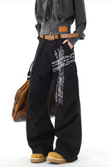 Distressed Cross Print Multi-Pocket Cargo Jeans