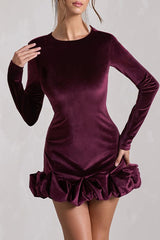Luxe Velvet Crew Neck Pleated Long Sleeve Mini Dress