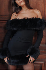 Fuzzy Panel Solid Off-the-shoulder Waist-cinched Bodycon Mini Dress