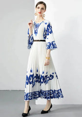 Blue And White Porcelain Loose Dress With Pleats