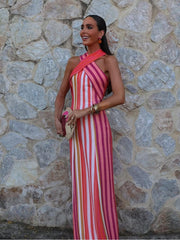 Sunset Samba Cross-Halter Stripe Dress