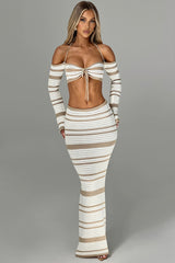 Striped Tie Front Long Sleeve Top Maxi Skirt Two Piece Set
