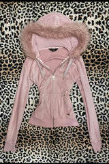 Fuzzy Cropped Zip-Up Fitted Hoodie