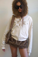 Rhinestone Cross Fur Trim Zip Hoodie