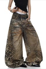 Leopard 3D Print Barrel Leg Jeans