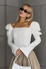 Satin Square Neck Puff Sleeve Blouse