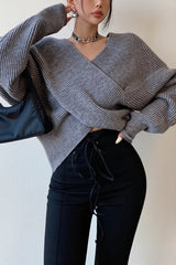 Wrap Front V Neck Relaxed Sweater