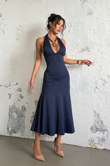 Halter Deep V Backless Midi Dress