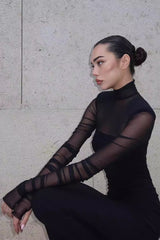 Mesh Panel Turtleneck Bodycon Midi Dress