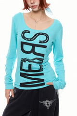 Oversized Letter Graphic Fitted Long Sleeve T-Shirt