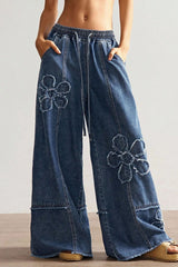 Floral Embroidered Drawstring Jeans