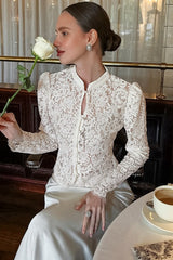 Lace Hollow Out Puff Sleeve Knit Blouse