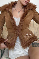 Floral Embroidered Fleece Coat