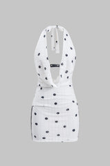 Polka Dots Pattern Lace Ruched Halter Neck Tie Up Backless Mini Dress