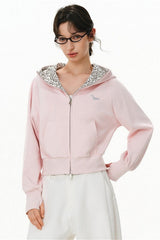 Pink Leopard Lined Cropped Zip Hoodie