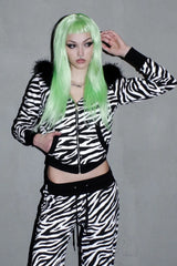 Zebra Print Fur Trim Cropped Hoodie