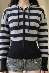 Fitted Striped Cropped Zip Up Hoodie