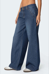 Blue Pinstripe Washed Wide Leg Jeans