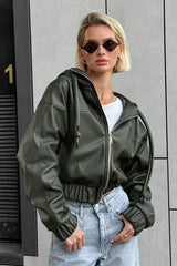 PU Leather Hooded Casual Jacket