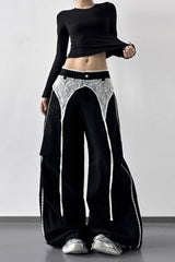 Vintage Lace Patchwork Bow High Waist Slim Wide Leg Pants