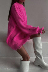 Distressed Hem Turtleneck Oversized Knit Sweater