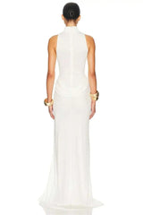 Turtleneck Off-Shoulder Sleeveless Pleated Maxi Dress