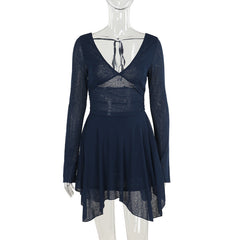 Cosmic Elegance V Neck Dress - Blue