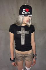 Rhinestone Cross Gothic Fitted T-Shirt