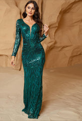 Elegant Green Print Party Dress Long Sleeve V Neck Sequin Christmas Dresses-L