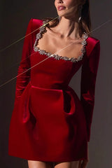 Elegant Square Neck Rhinestone Mini Velvet Dress