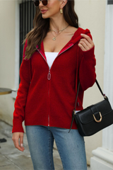 Solid Hooded Zip Drawstring Knit Cardigan Christmas Outerwear