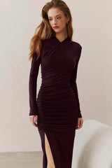 Ruched V-Neck Long Sleeve Maxi Dress