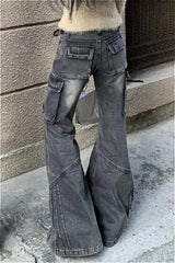 Black Pocket Design Low Waist Workwear Jeans