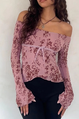 Velvet Mesh Off Shoulder Bow Tie Flare Sleeve Crop Top