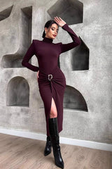 High Neck Ruched Split Midi Dress