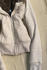 Embroidered Fur Trim Cropped Zip Hoodie