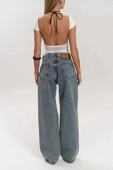 Mesh Panel Textured Y2K Wide Leg Jeans