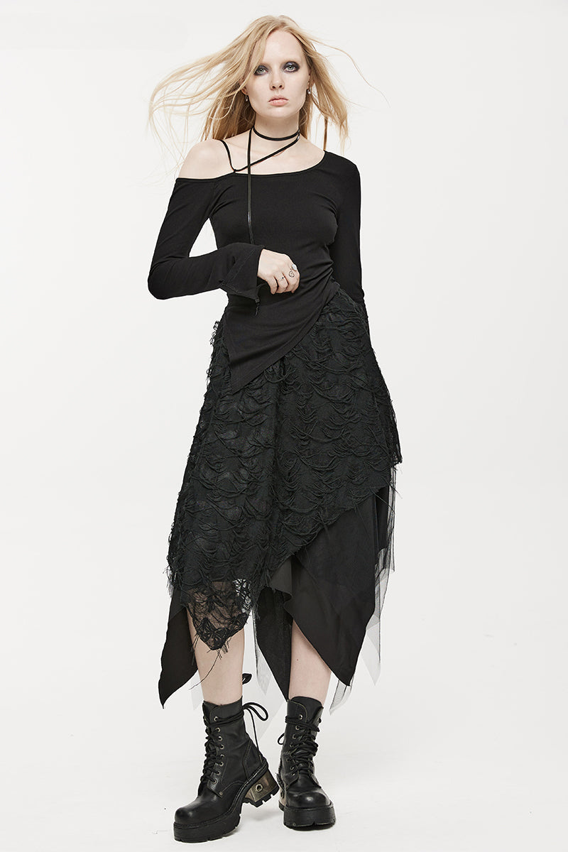 Women's Half Style Burnt Tattered Black Mesh and Dry Fashion Butterfly Asymmetrical Skirt