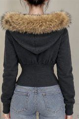 Corset Waist Fur Trim Zip Hoodie