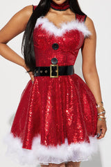 Christmas Sequined Spaghetti Strap Button Waist-Cinched Fuzzy Party Dress